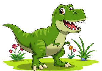 Happy Green Cartoon Dinosaur Illustration Smiling With Flowers on Transparent Background