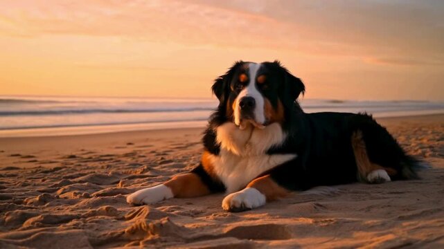 Tranquil bernese mountain dog relaxing on sandy beach during beautiful sunset