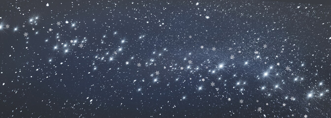 Blurry gray sky with silver starrys. Shining star constellation in space. Glowing stars in the dark space. Horizontal christmas background.