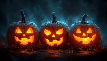 Three glowing jack o lanterns with carved faces on a dark spooky background halloween