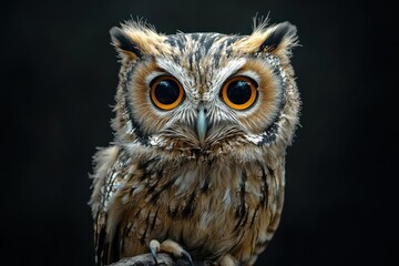 Obraz premium Amazed owl with tilted head on dark background