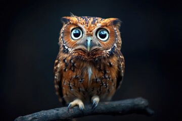 Fototapeta premium Amazed owl with tilted head on dark background