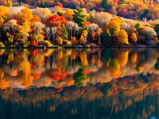 Fototapeta premium Clear Lake Reflecting Vibrant Autumn Trees in Full Color with Vertical Symmetry – Serene Seasonal Nature Wallpaper Ideal for Desktop Backgrounds and Calming Landscape Photography Use 