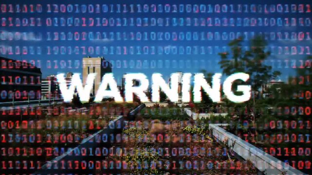 Digital warning alert flashes with glitchy binary code in dynamic cyber threat sequence