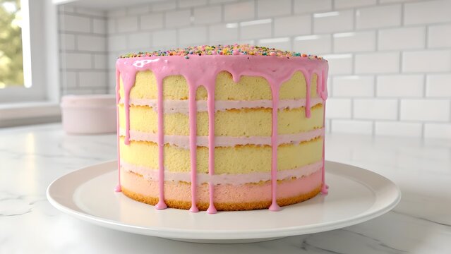 A layered cake with pink frosting and sprinkles on a white plate in a bright kitchen setting