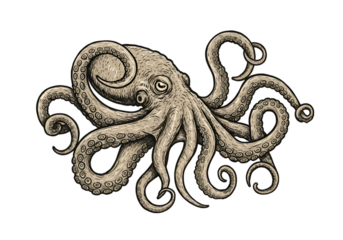 Illustration Of An Octopus With Ink Drawing Isolated On A Transparent Background
