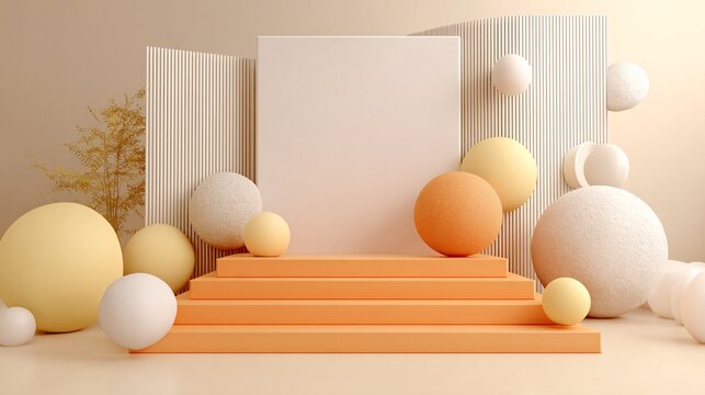 3D rendering of podium scene with abstract shapes and blank billboard for text