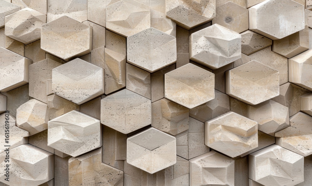 Poster neutral geometric wall panel with hexagonal shapes in three dimensions