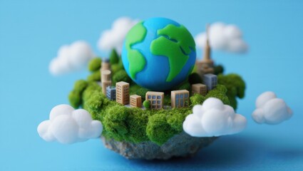 Miniature earth globe on a floating island with city and clouds