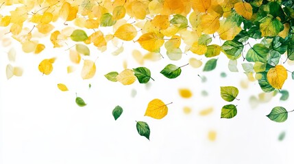 Falling autumn leaves in yellow and green hues against a white backdrop.  A vibrant, seasonal image