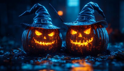 Two glowing jack o lanterns wearing witch hats on a dark spooky night halloween pumpkin