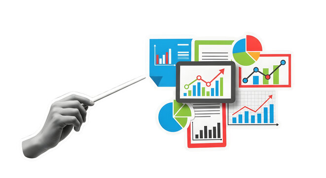 Data Analysis Presentation with Charts and Graphs, a Hand Pointing with a Stick Indicator