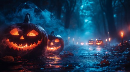 Two glowing jack o lanterns with smoke in a dark misty forest halloween pumpkin