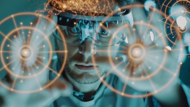 Man in futuristic biolab wearing AR glasses, interacting holographic neural networks, brainwave activity visualized organic shapes lighting, sci-fi biotech aesthetic lens flare edge bio neural inter