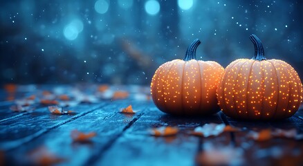 Two glowing orange pumpkins on a dark wooden surface with autumn leaves halloween fall