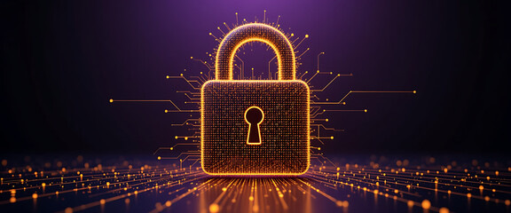 Abstract pop up cyber protection 3d digital lock which created by millions of tiny golden glowing particles connected by glowing lines, in a solid minimalist dark purple gradient texture background, w