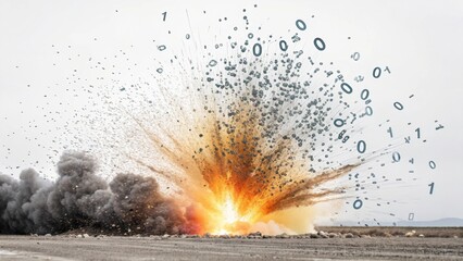 Explosion with smoke and fire with binary code floating in the air on a bright sunny day outdoors