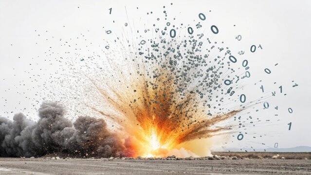 Explosion with smoke and fire with binary code floating in the air on a bright sunny day outdoors - Powered by Adobe