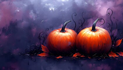 Two orange pumpkins with dark vines and red leaves on purple background halloween autumn