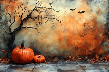 Two orange pumpkins sit on a stone path with a bare tree and bats halloween autumn