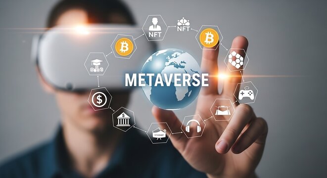 Metaverse Virtual Reality Experience: Man Wearing VR Headset Interacting with Digital World, NFTs, Cryptocurrency, Gaming, and Online Education