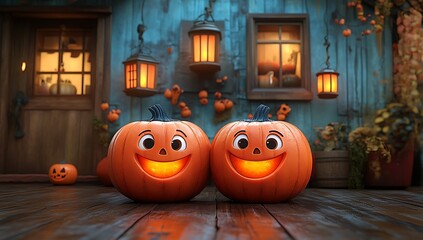 Two smiling carved pumpkins with glowing interiors on wooden planks halloween jack o lantern