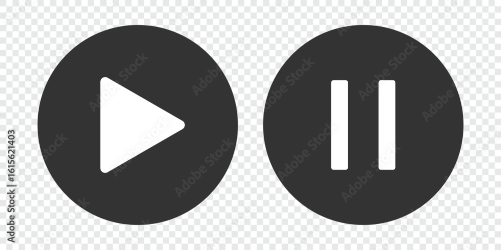Poster play button icon set on transparent background png. media player ui icons. minimalist play and pause