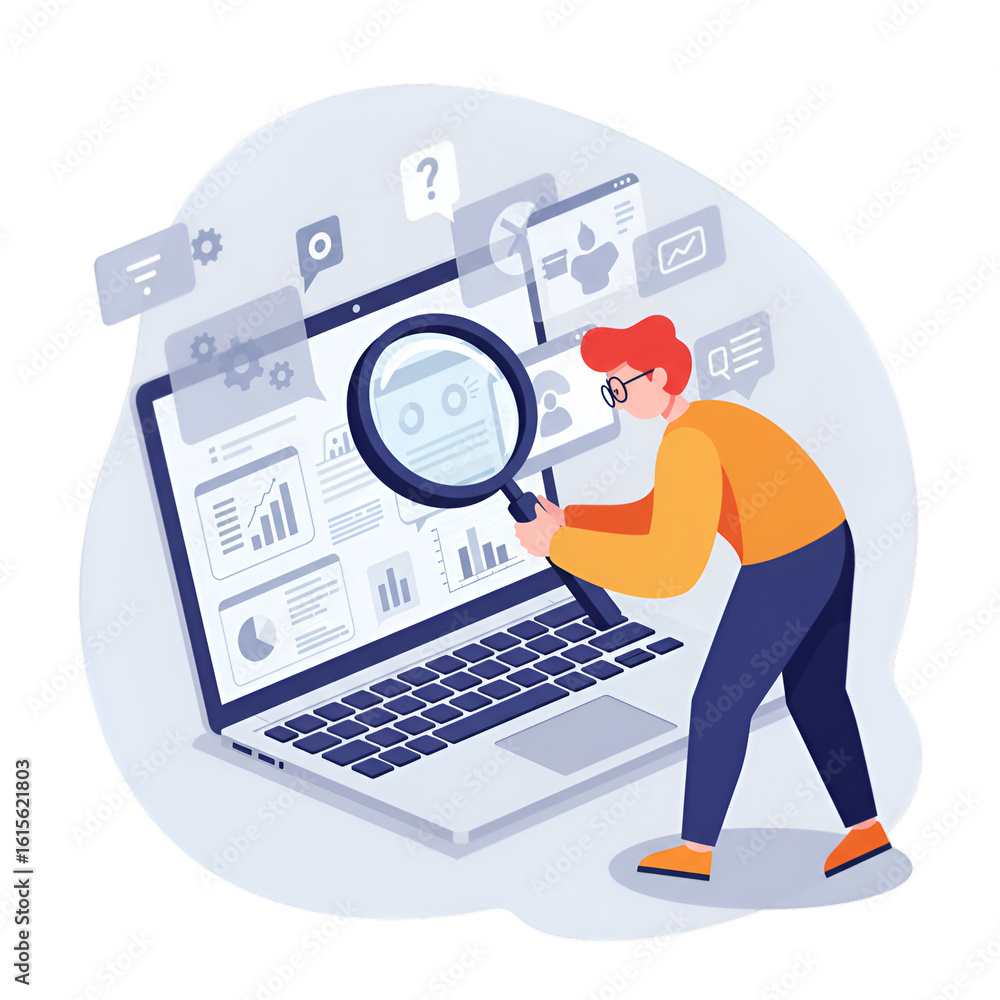 Poster illustration of a man searching data using laptop and magnifying glass with transparent background