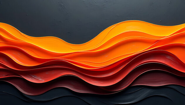 Abstract flowing waves of vibrant orange and red colors against a dark background