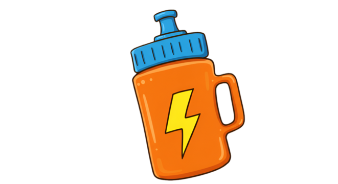 Illustration Of A Bright Orange Water Bottle With Blue Lid And Yellow Lightning Symbol