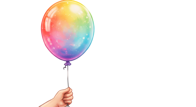 Illustration Of A Colorful Rainbow Balloon Held By Hand On Transparent Black Background