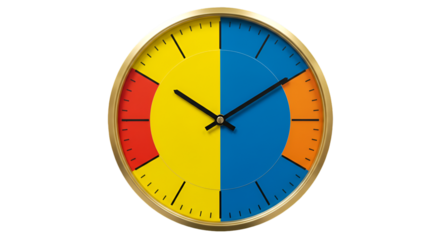 Illustration of a Gold Clock with Yellow Blue Red and Orange Color Segments Isolated on Transparent Background
