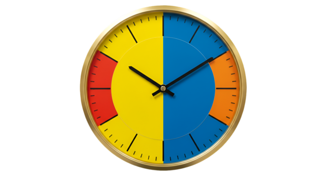 Illustration of a Gold Clock with Yellow Blue Red and Orange Color Segments Isolated on Transparent Background - Powered by Adobe