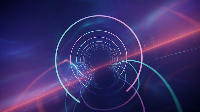 A vibrant, futuristic tunnel with concentric rings and converging light beams, symbolizing data flow or speed.