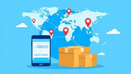 Cartoon globe with location pins and interconnected mobile phones with store facades, symbolizing global store presence, local SEO, customer reviews, and mobile marketing.