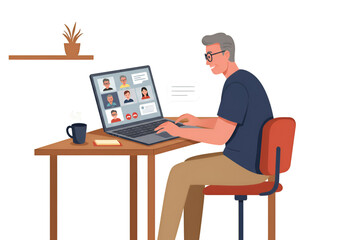Illustration Of A Man In Office Working On Laptop With Video Conference