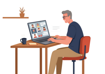 Illustration Of A Man In Office Working On Laptop With Video Conference