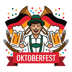 Oktoberfest Beer Man Illustration with German Flags and Traditional Outfit
