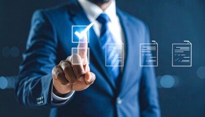 A businessman points to a glowing checkmark on a digital screen, symbolizing correct sign-off, digital checklist, quality control, project management, and excellence in document verification.