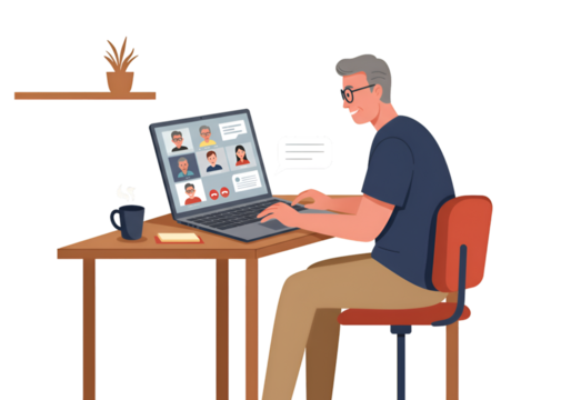 Illustration Of A Man In Office Working On Laptop With Video Conference