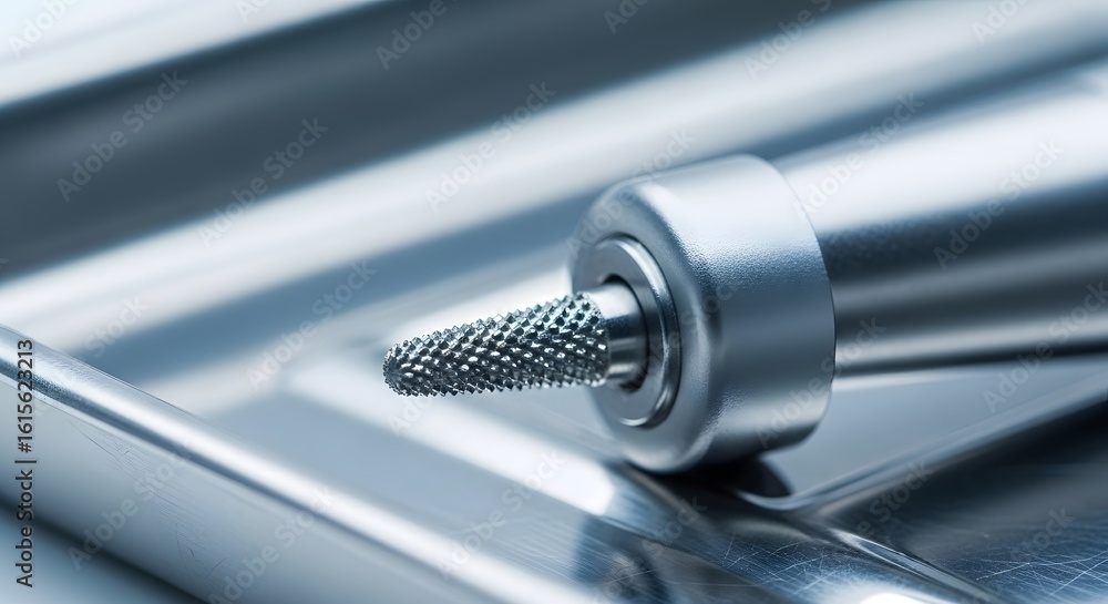 Poster precise dental instrument closeup view ahigh detail image of adental bur resting on asteel tray show
