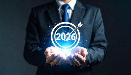 Businessman presents a glowing target with 2026, symbolizing business goal setting, corporate growth, strategy, financial planning, and leadership innovation for future success.
