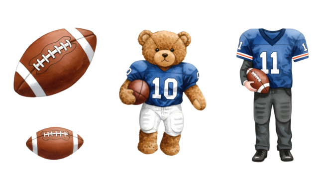 Illustration Of A Teddy Bear In Football Uniform With Balls On Transparent Background