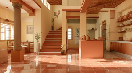  South Indian village-modern home interior, showing red-tiled flooring with soft matte finish, elegant wooden square pillars beside dining area to the left of the staircase