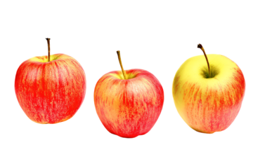 three apples are shown in a row on a white background