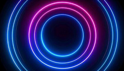 Glowing neon circles in vibrant pink and blue on a dark void background, creating an abstract futuristic tunnel effect with smooth lighting.