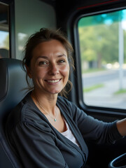 Cute female driver of truck or bus