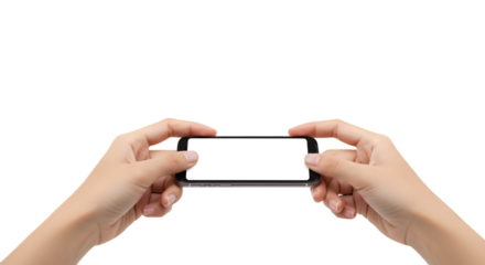 Human Hands Holding Smartphone Screen Isolated On Transparent Background
