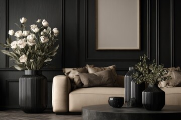 Dark, elegant living room with cream couch and cream flowers