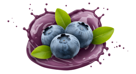 Illustration Of Blueberries in Purple Splash with Green Leaves Isolated on Black Background